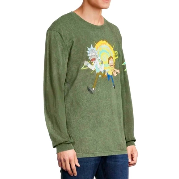 Rick & Morty Casual Green Crewneck Long Sleeve Graphic Print Pullover T-Shirt - Picture 2 of 9